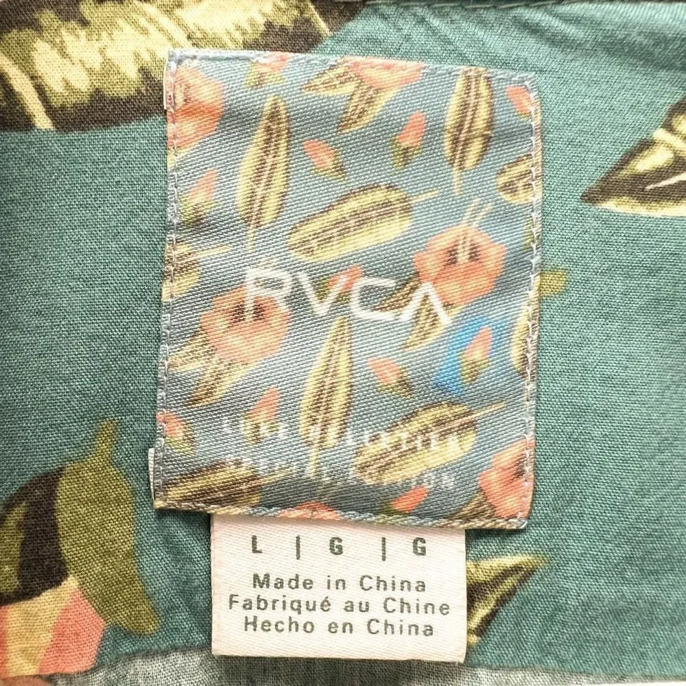 RVCA Tropical Hawaiian Shirt Green Floral Print Short Sleeve Button Down Shirt L